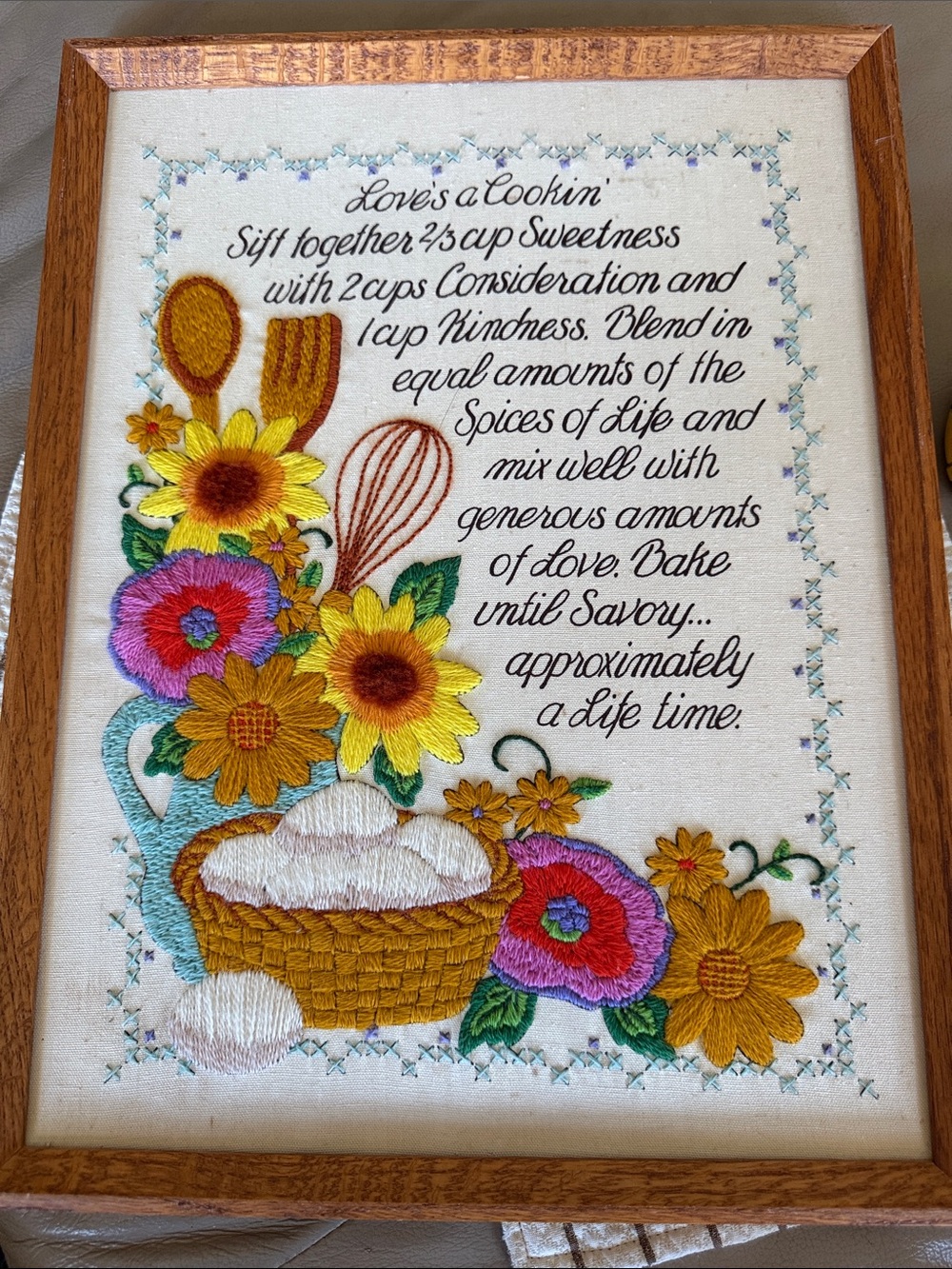 Vintage Framed Embroidered Crewel Kitchen Wall Art - Floral "Love's a Cookin'"